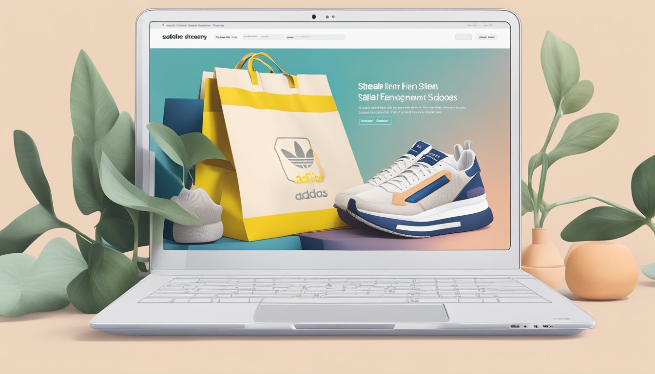 A laptop with the adidas Stella McCartney website open, showing the FAQ section. A pair of Stella McCartney sneakers and a shopping bag are placed next to the laptop