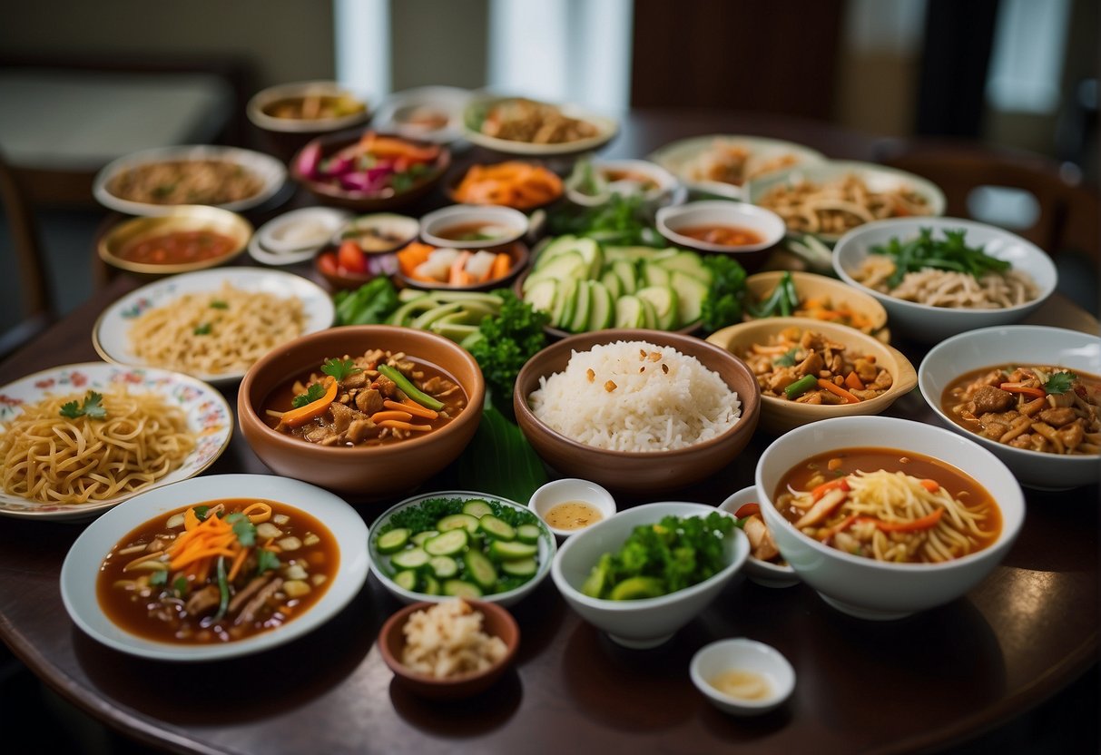 A table adorned with a colorful array of Malaysian Chinese vegetarian dishes and variations, showcasing the rich and diverse culinary traditions of the region