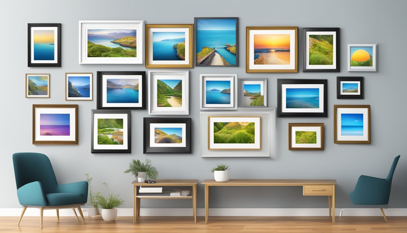 A wall adorned with various photo frames, showcasing different sizes and styles. A computer or mobile device displaying an online store for purchasing photo frames