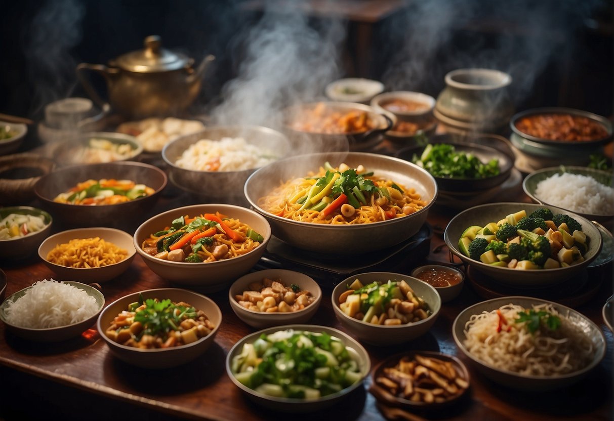 A table filled with colorful Malaysian Chinese vegetarian dishes, with steam rising from the hot plates. A banner with "Frequently Asked Questions" hangs above the table
