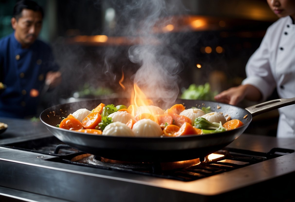 Ingredients sizzle in a hot wok, as a chef tosses them with a swift flick of the wrist. Steam rises from the pan, filling the air with the aroma of mandarin Chinese cuisine