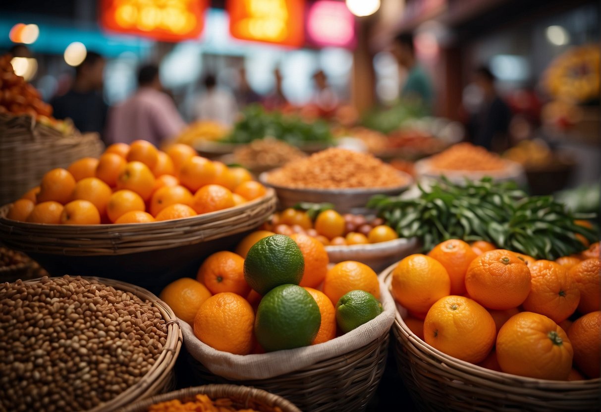 A colorful array of fresh ingredients, including vibrant mandarin oranges, aromatic spices, and traditional Chinese cooking utensils, set against a backdrop of a bustling Asian market