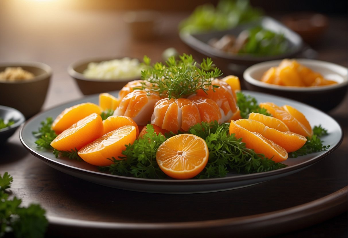 A table set with neatly arranged mandarin Chinese dishes, garnished with fresh herbs and ready for presentation