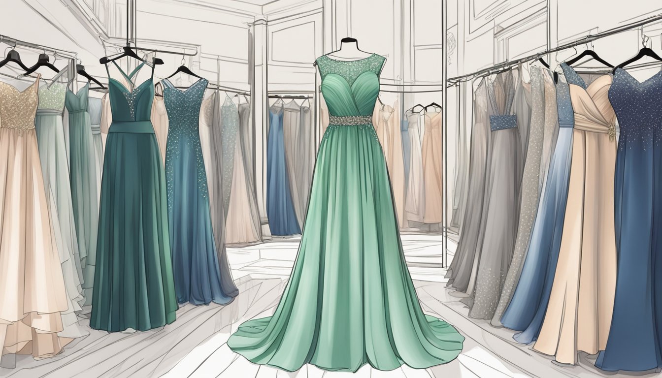 A boutique in Singapore displays elegant plus-size evening dresses in various styles and colors, with a wide range of options for customers to choose from