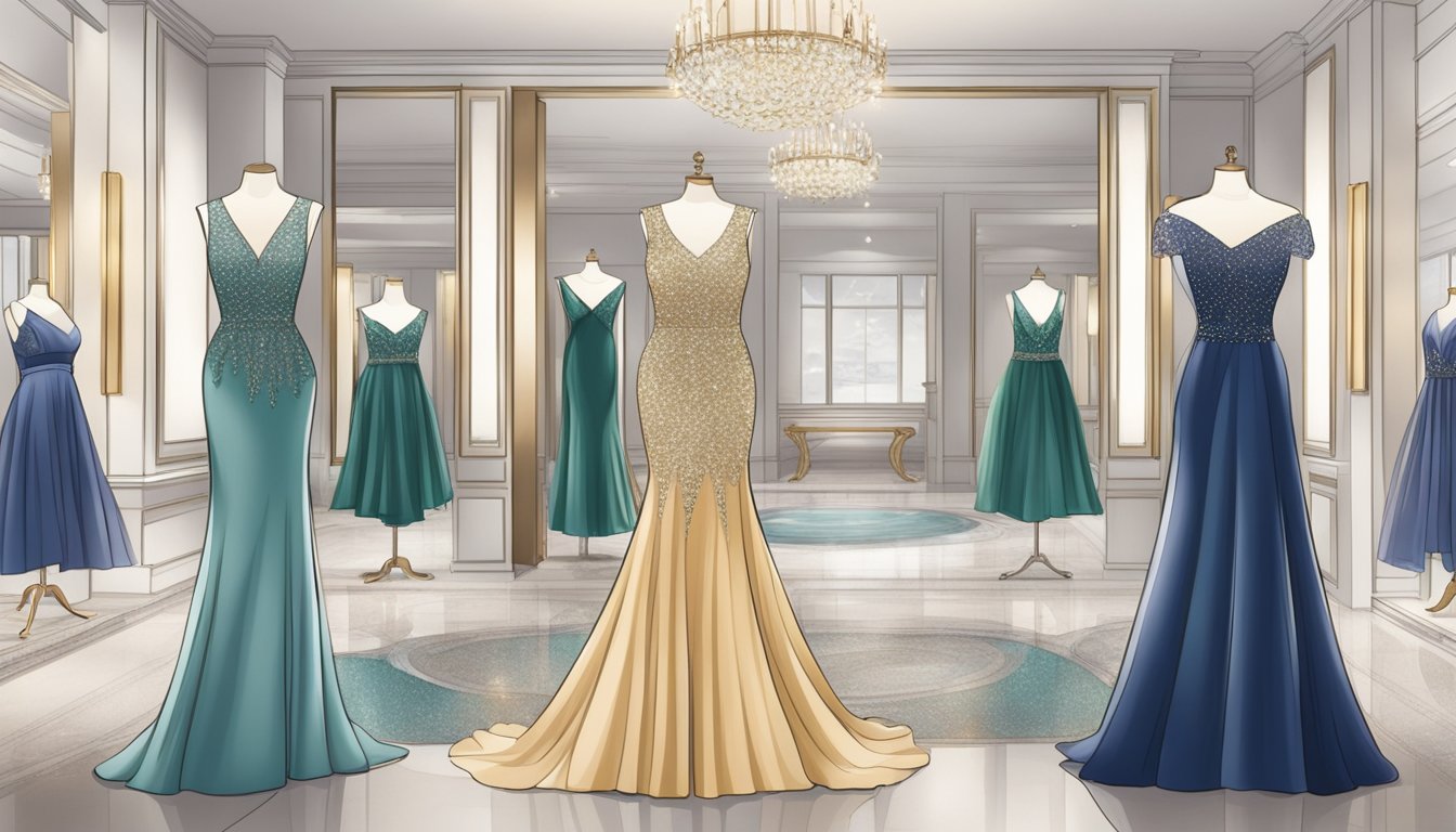 A luxurious boutique display showcases elegant plus size evening dresses in Singapore. Sparkling accessories and stylish shoes complement the glamorous attire
