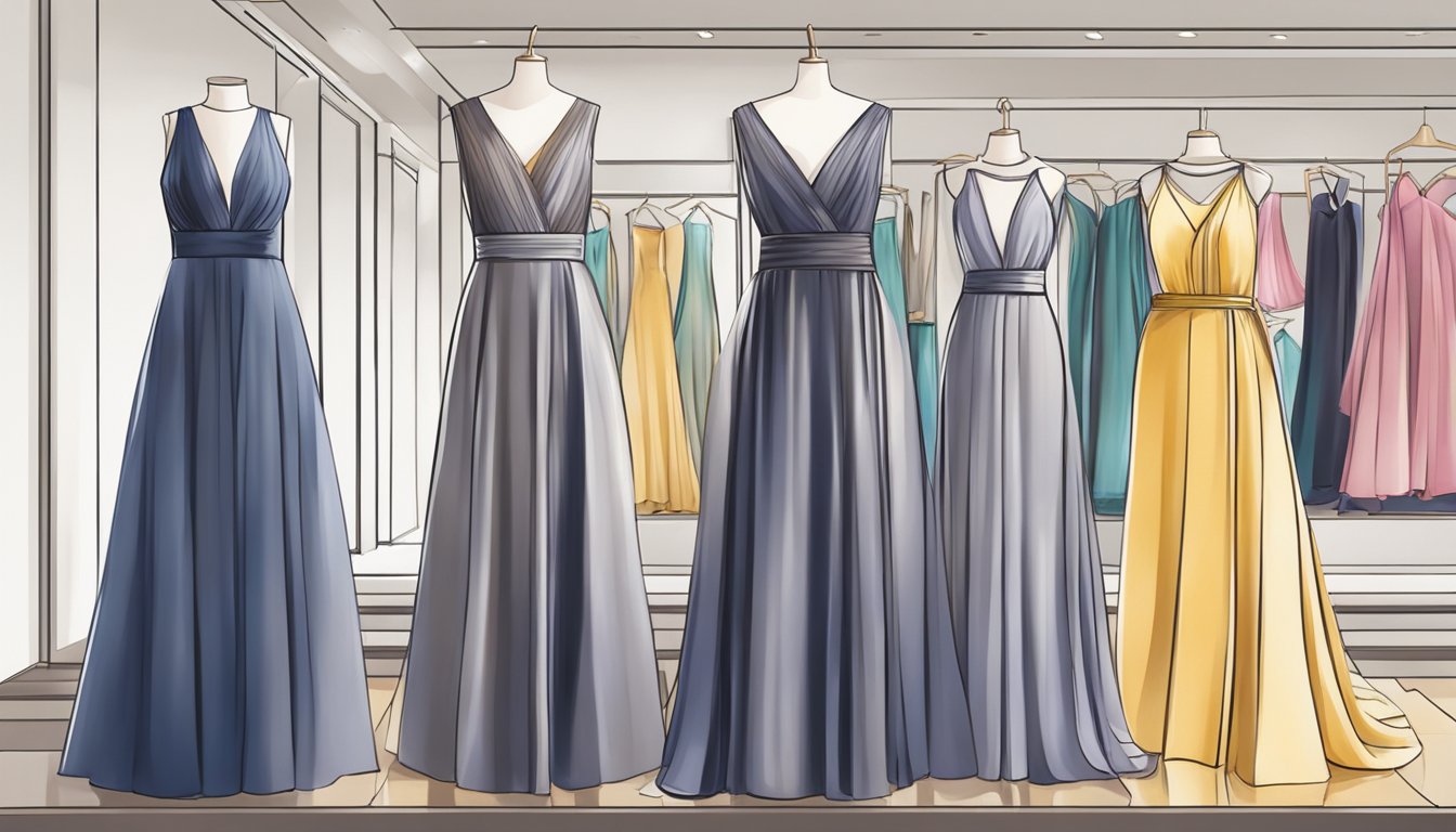 A boutique display of elegant plus size evening dresses in Singapore. Brightly lit with a variety of styles and sizes