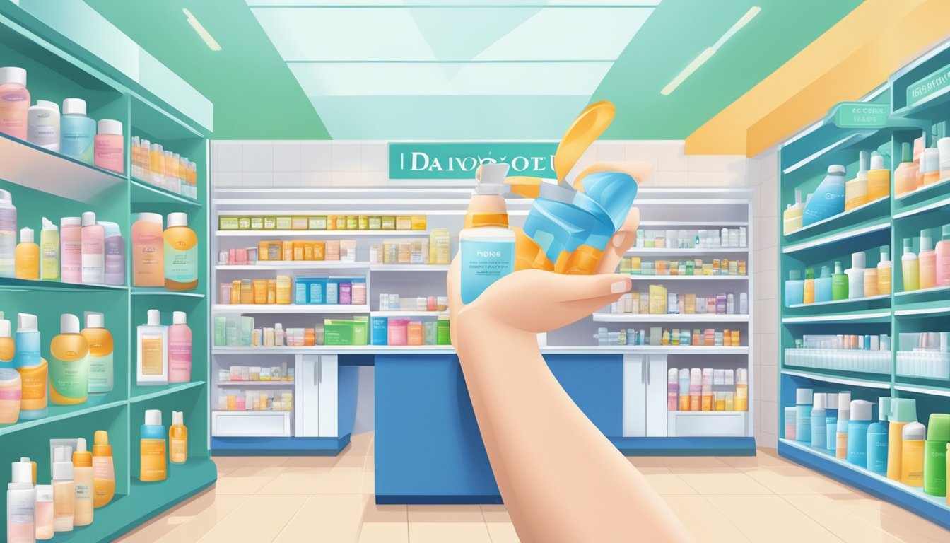 A hand squeezes a tube of Daivobet gel against a backdrop of a pharmacy counter with various skin care products on display