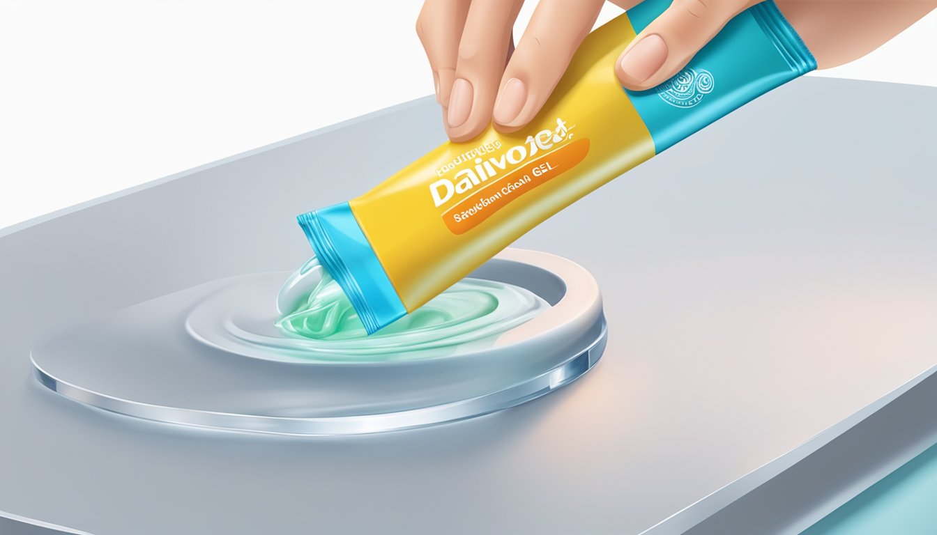A hand squeezes Daivobet Gel onto a smooth surface, with the tube and its label visible in the background
