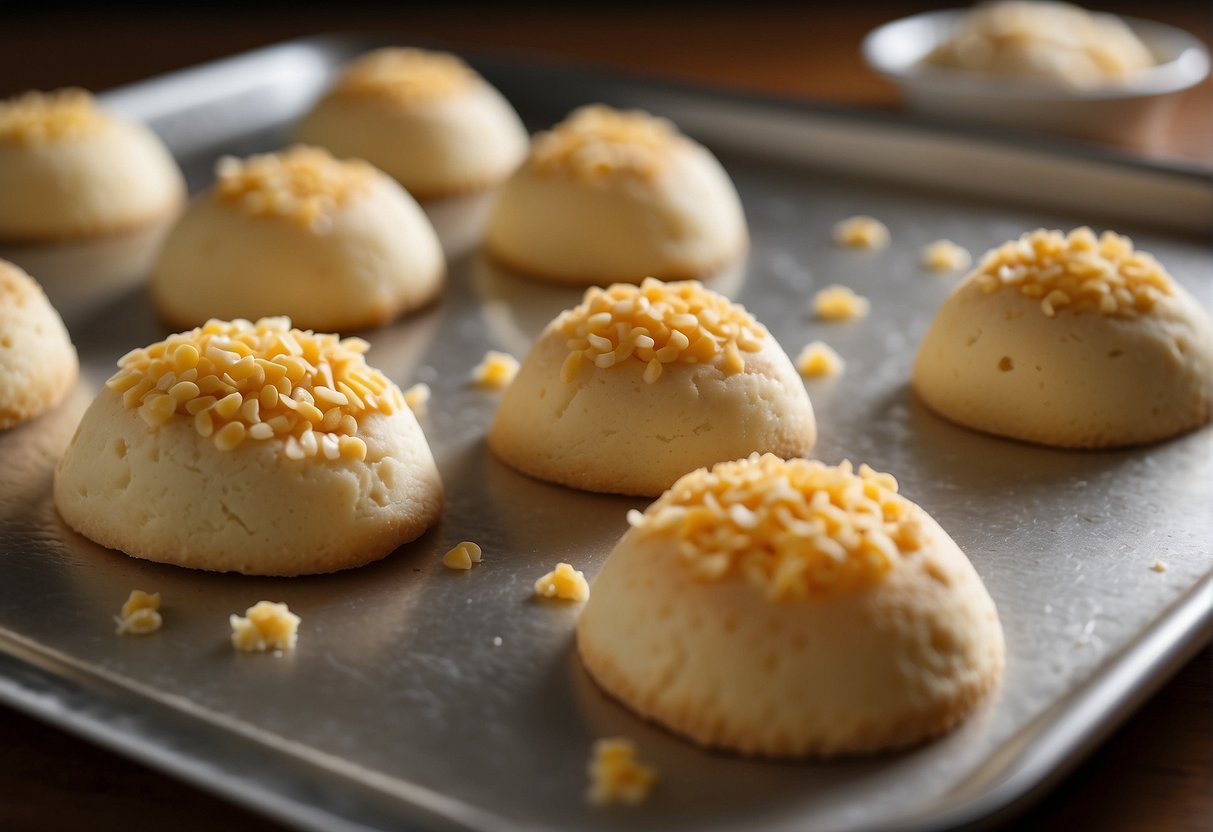 Egg roll cookie ingredients mixed in a bowl. Dough rolled out and cut into circles. Filling spooned onto each circle and rolled up. Cookies placed on baking sheet and brushed with egg wash