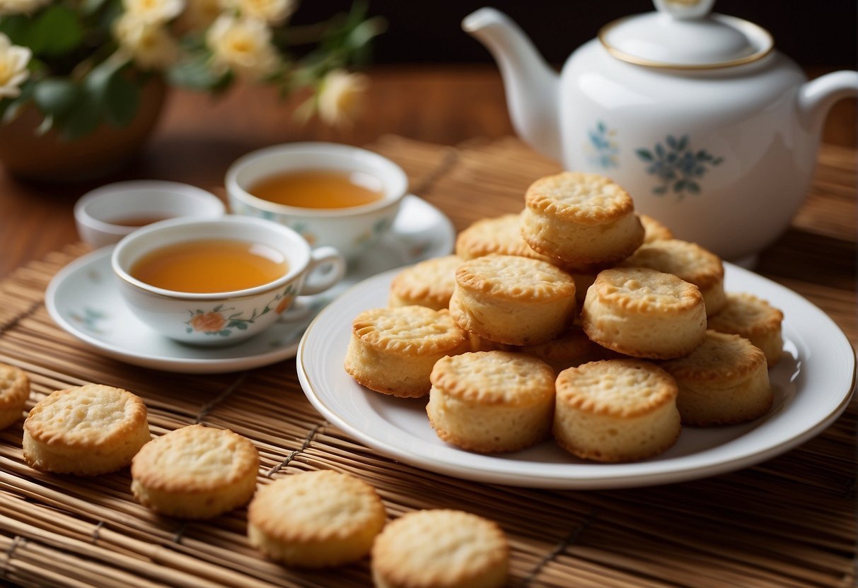 A plate of golden brown Chinese egg roll cookies arranged next to a teapot and a couple of small teacups on a bamboo placemat