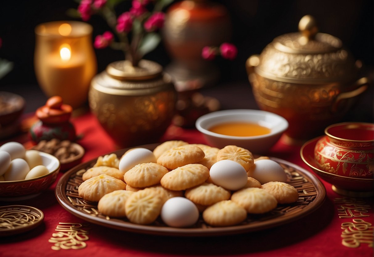 A table set with Chinese egg roll cookies, surrounded by traditional Chinese decorations and symbols of luck and prosperity