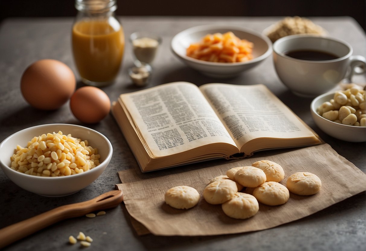 A table with ingredients and utensils for making Chinese egg roll cookies, with a recipe book open to the "Frequently Asked Questions" section