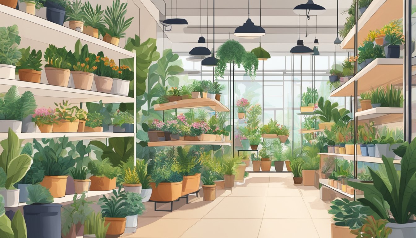 A variety of potted plants line the shelves of a bright and airy plant shop in Singapore, with lush greenery and colorful blooms catching the eye of passersby
