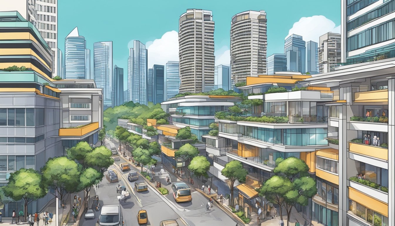 A bustling Singapore street with high-rise condos, a real estate office, and people discussing property prices