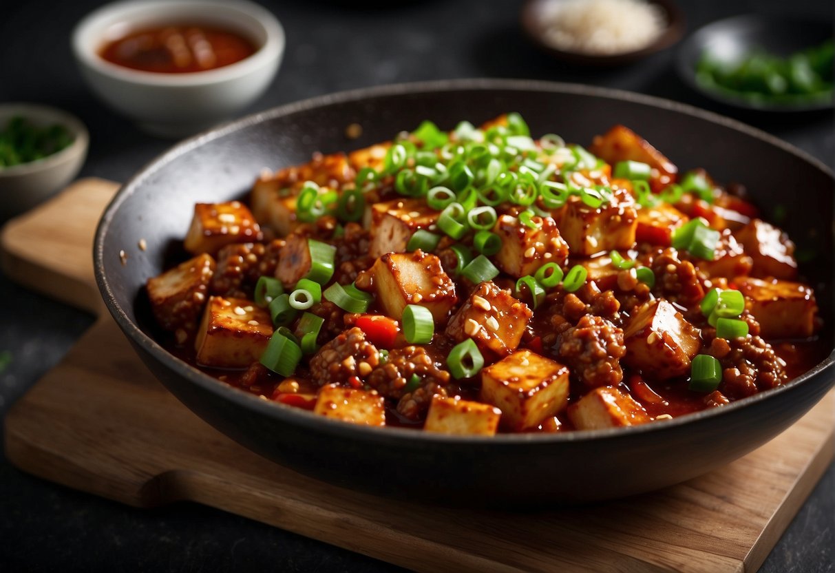 A wok sizzles with spicy tofu, ground pork, and Sichuan peppercorns in a rich, red sauce. Green onions and chili peppers garnish the dish