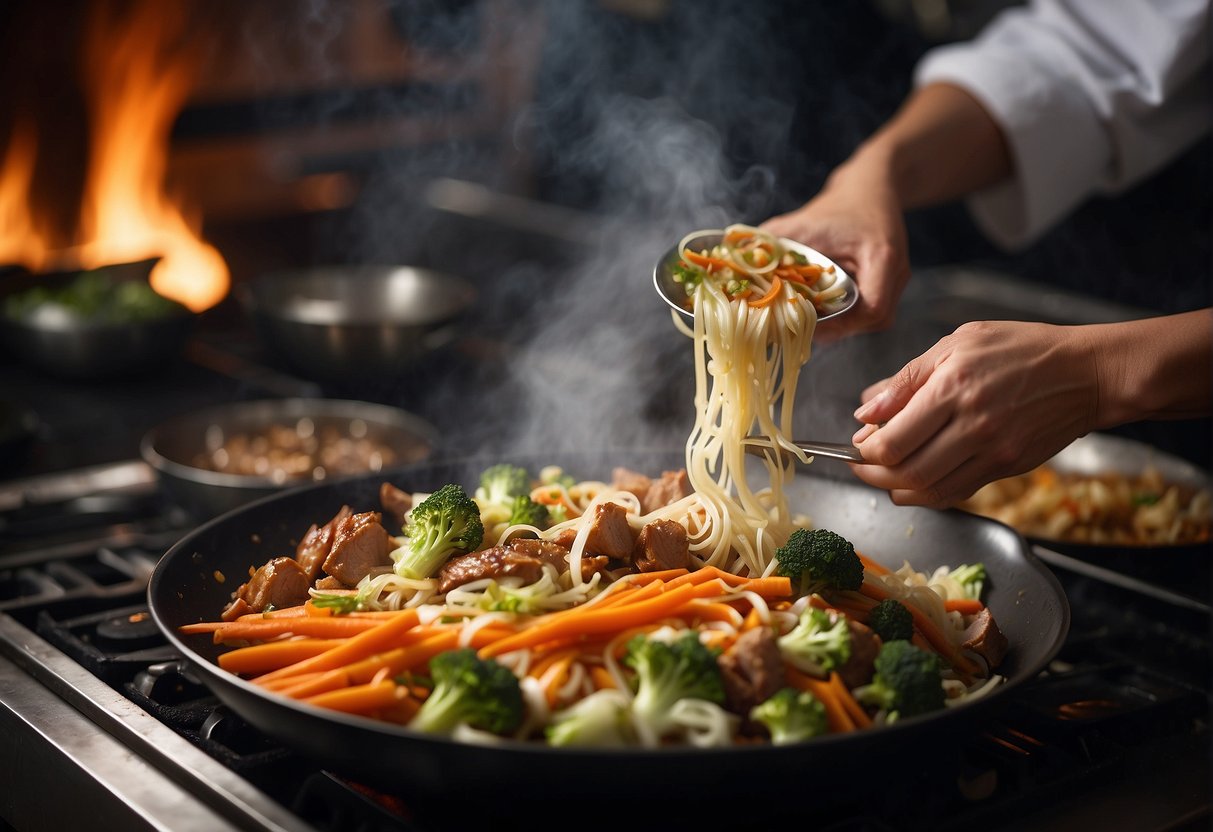 A wok sizzles with hot oil as a chef carefully rolls thin pastry around a savory mixture of pork, cabbage, and carrots