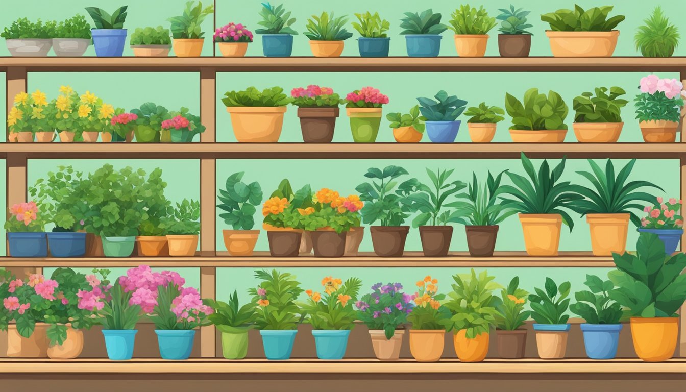 A variety of potted plants are displayed on shelves and tables at a plant nursery, with colorful flowers and lush green leaves