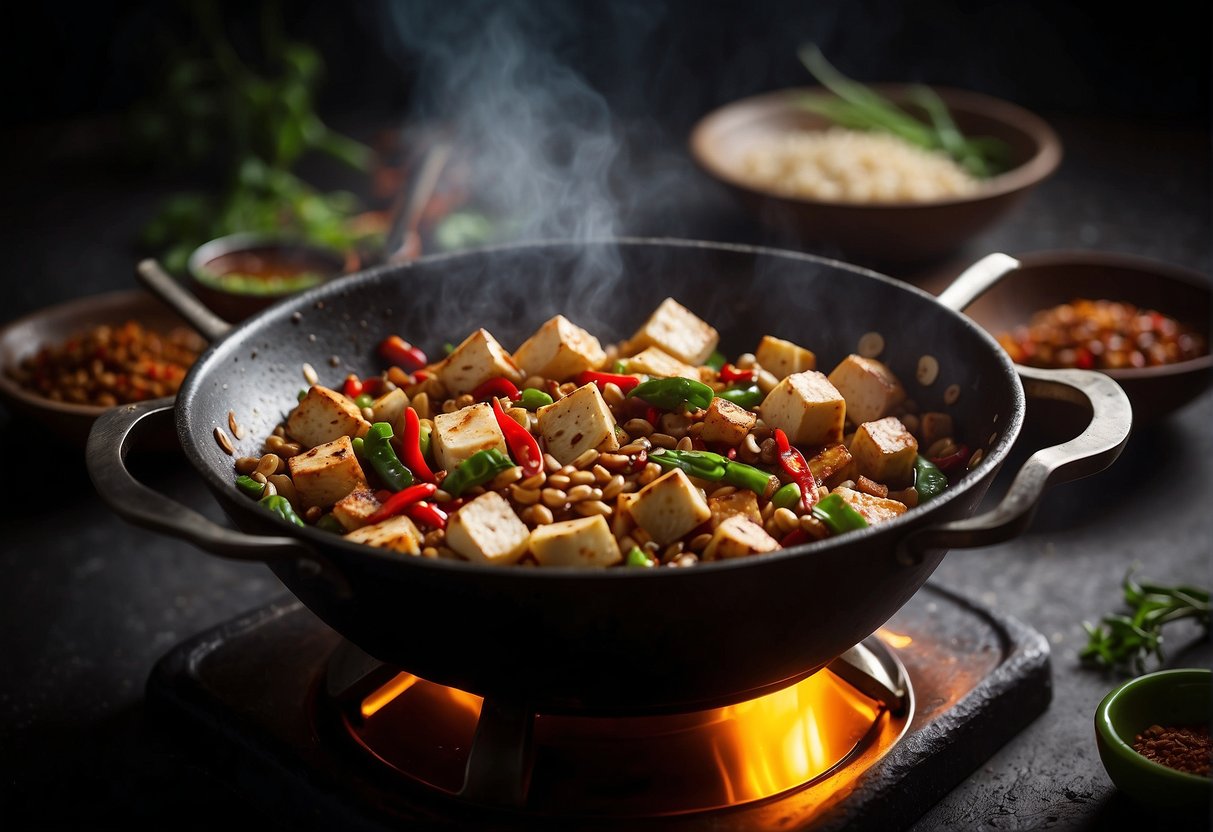 A wok sizzles as garlic and chili peppers are sautéed. Tofu cubes are added, followed by a savory sauce of fermented beans and Sichuan peppercorns
