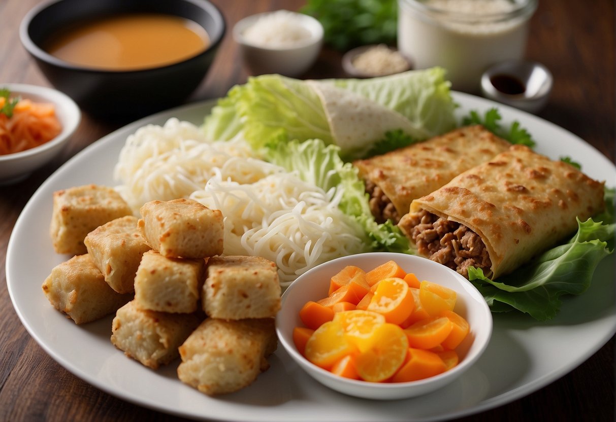 A table with various ingredients: cabbage, carrots, ground pork, soy sauce, ginger, garlic, and egg roll wrappers. Alternative ingredients like tofu and mushrooms are also displayed