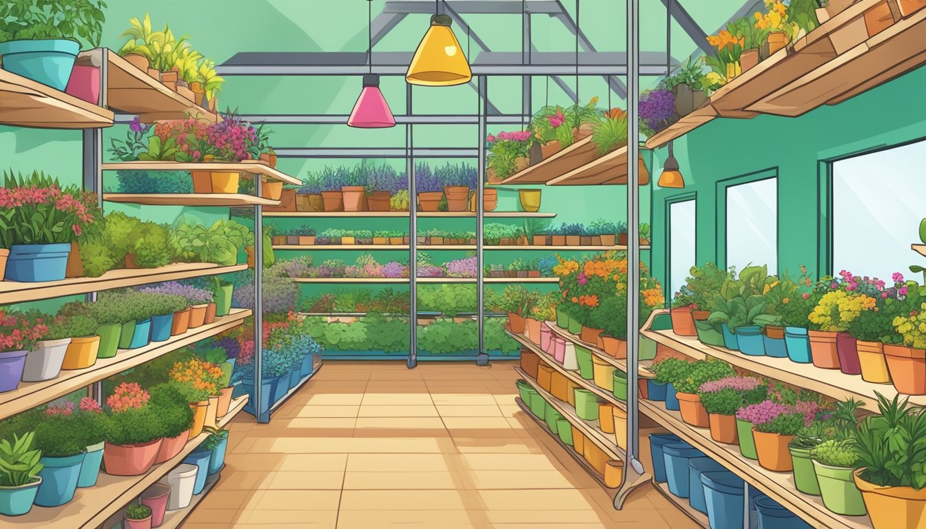 A colorful array of potted plants, neatly arranged on shelves in a bright and airy garden center. Signs indicate prices and care instructions