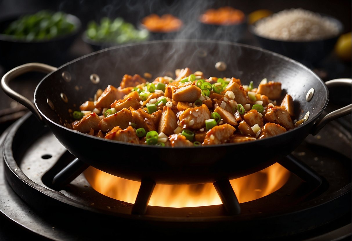 A wok sizzles with diced chicken, ginger, and garlic in a savory marmite sauce, garnished with green onions and sesame seeds