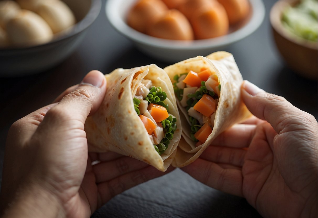 A pair of hands expertly folds and tucks a thin wrapper around a savory filling, creating a perfectly wrapped Chinese egg roll