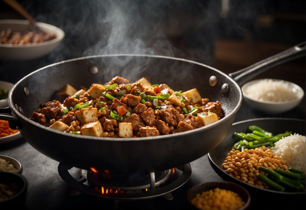 A wok sizzles with ground pork, tofu cubes, and spicy bean paste. Aromatic garlic and ginger fill the air as the chef simmers the ingredients in a savory sauce