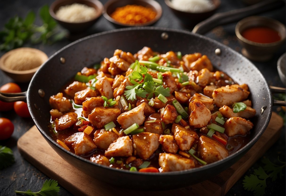 A sizzling wok filled with diced chicken, coated in a rich and savory marmite sauce, surrounded by traditional Chinese spices and ingredients