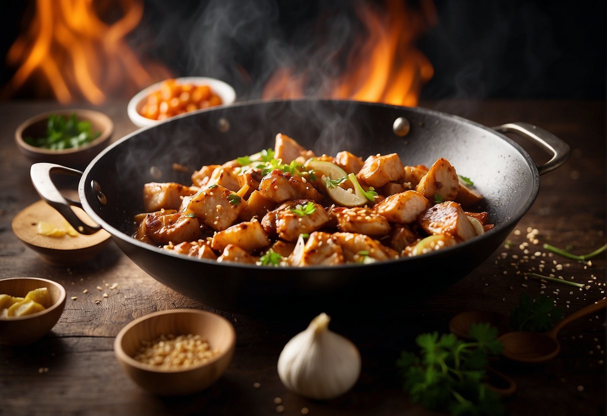 A sizzling wok with chunks of chicken, garlic, ginger, and soy sauce being tossed together with a generous dollop of marmite, creating a rich and savory aroma