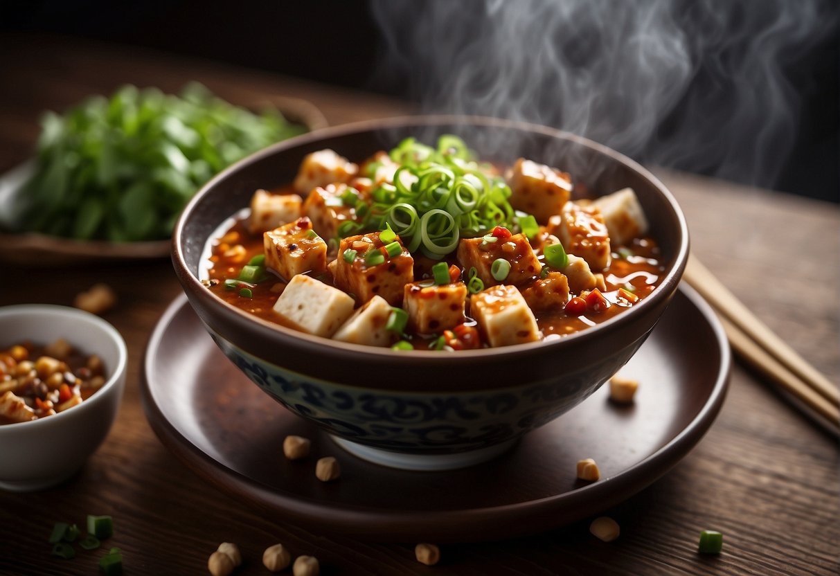 A steaming bowl of mapo tofu sits on a wooden table, garnished with chopped green onions and red chili flakes, with a pair of chopsticks resting beside it