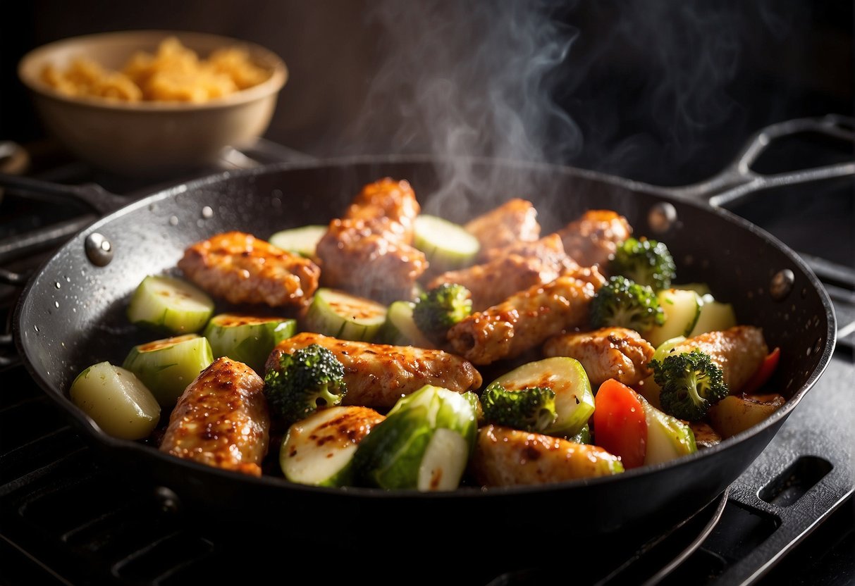 Vegetables and meat sizzle in a hot pan. A thin wrapper is filled and rolled, then fried to a golden crisp