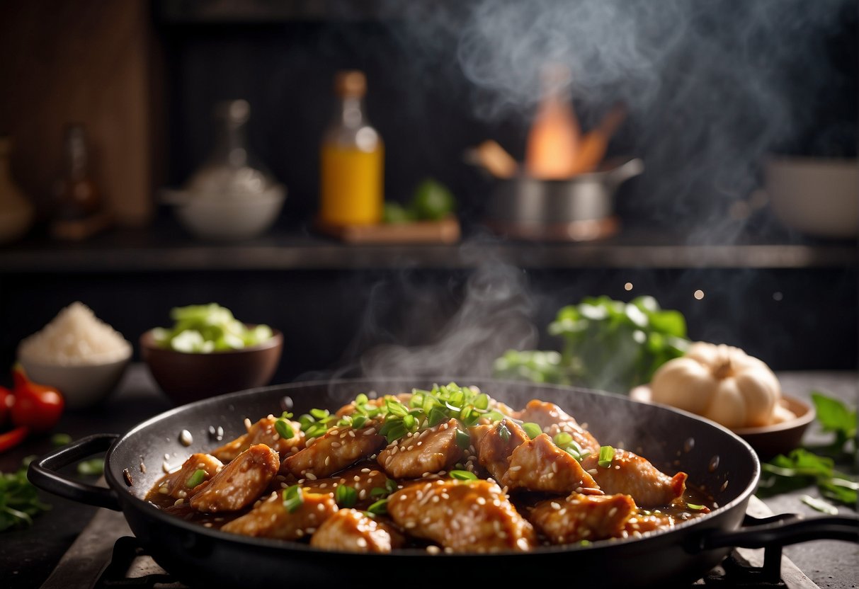 Marmite chicken sizzling in a wok with soy sauce, garlic, and ginger. Steam rising as the ingredients are tossed and stir-fried