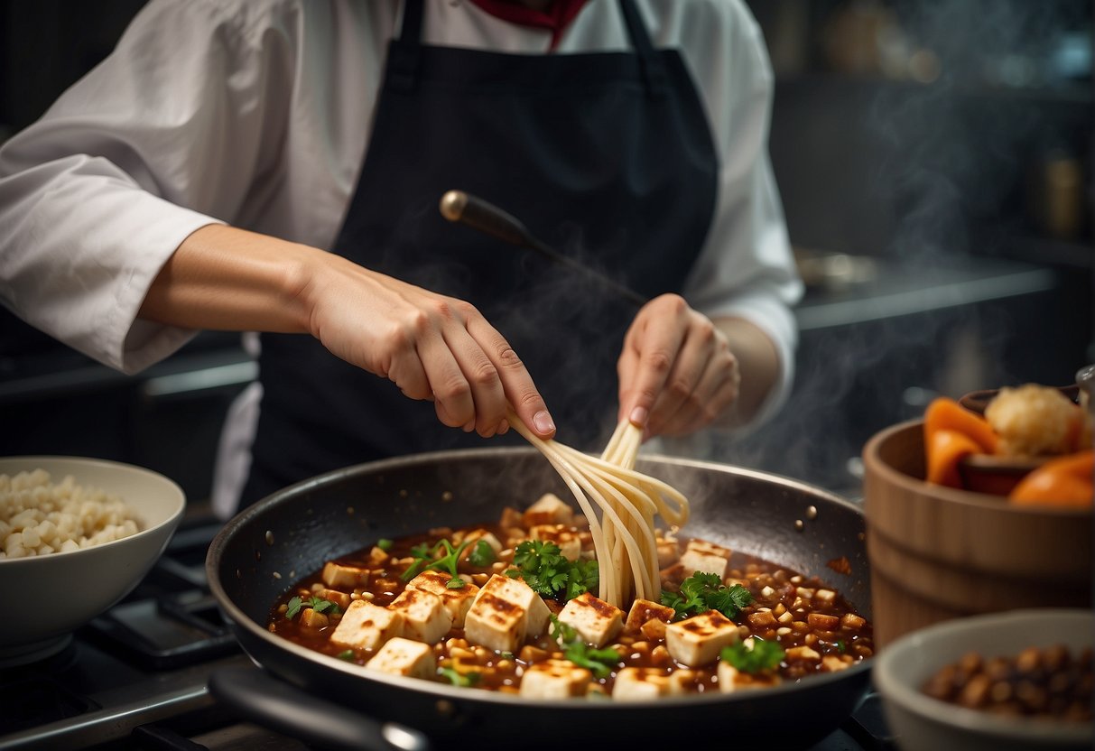 A chef customizes the mapo tofu recipe, adding Chinese spices and ingredients to a bubbling wok