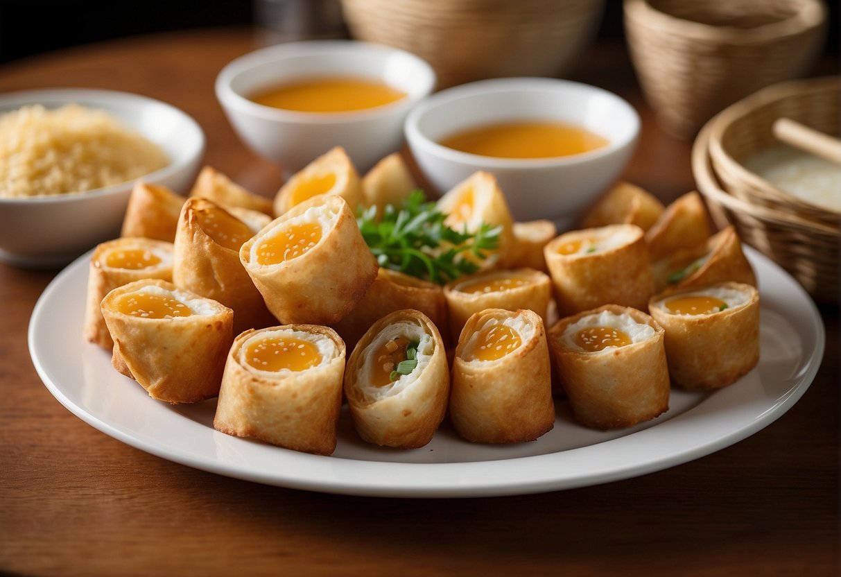 Golden brown egg rolls arranged on a white serving platter with a side of dipping sauce, surrounded by bamboo steamer baskets for storage