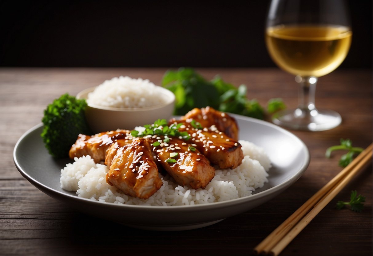 A plate of marmite chicken sits next to a bowl of steamed rice. Chopsticks rest on the side, while a glass of white wine complements the dish