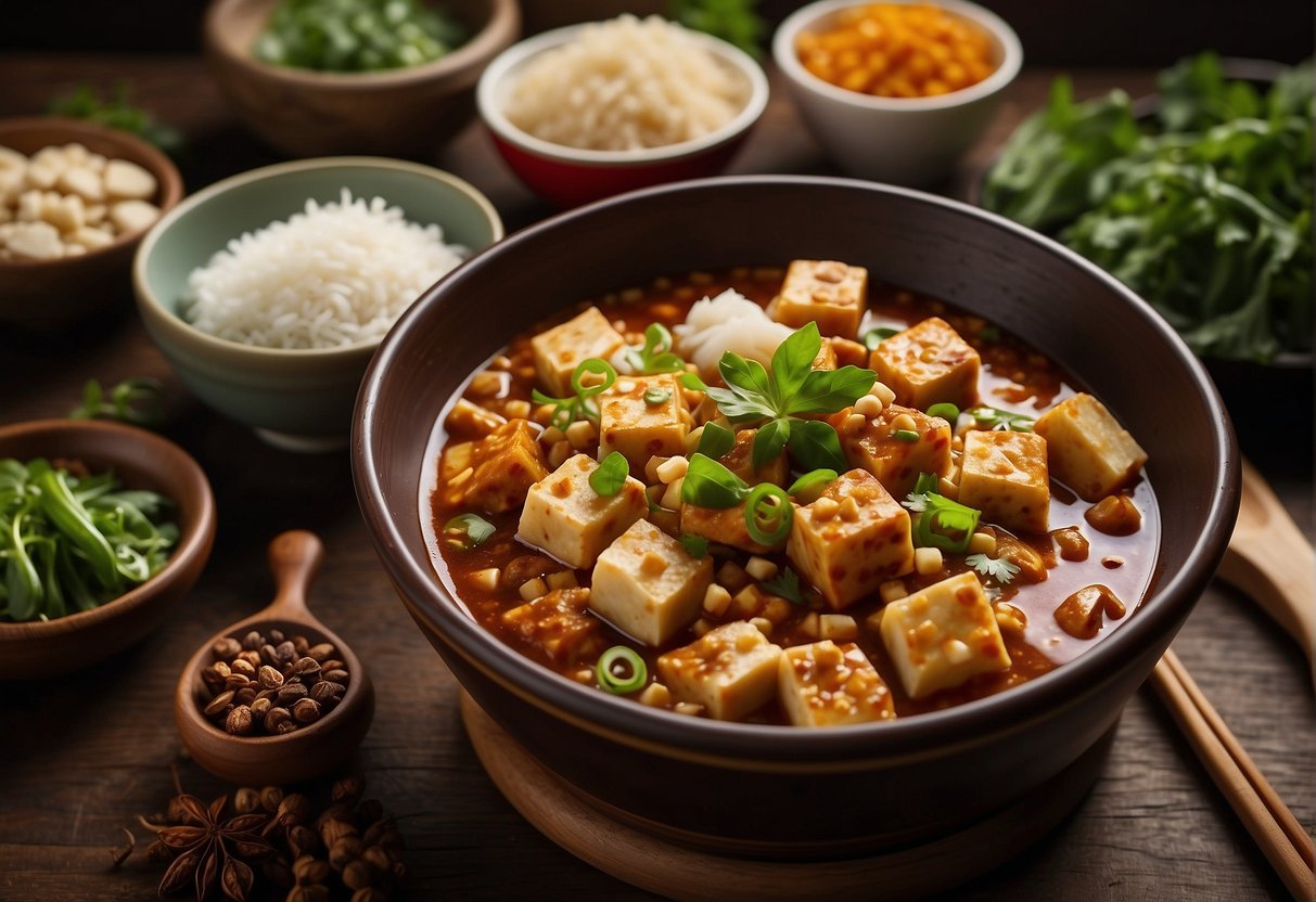 A steaming bowl of mapo tofu sits on a wooden table, surrounded by traditional Chinese spices and ingredients. A recipe book is open to the "Frequently Asked Questions" section