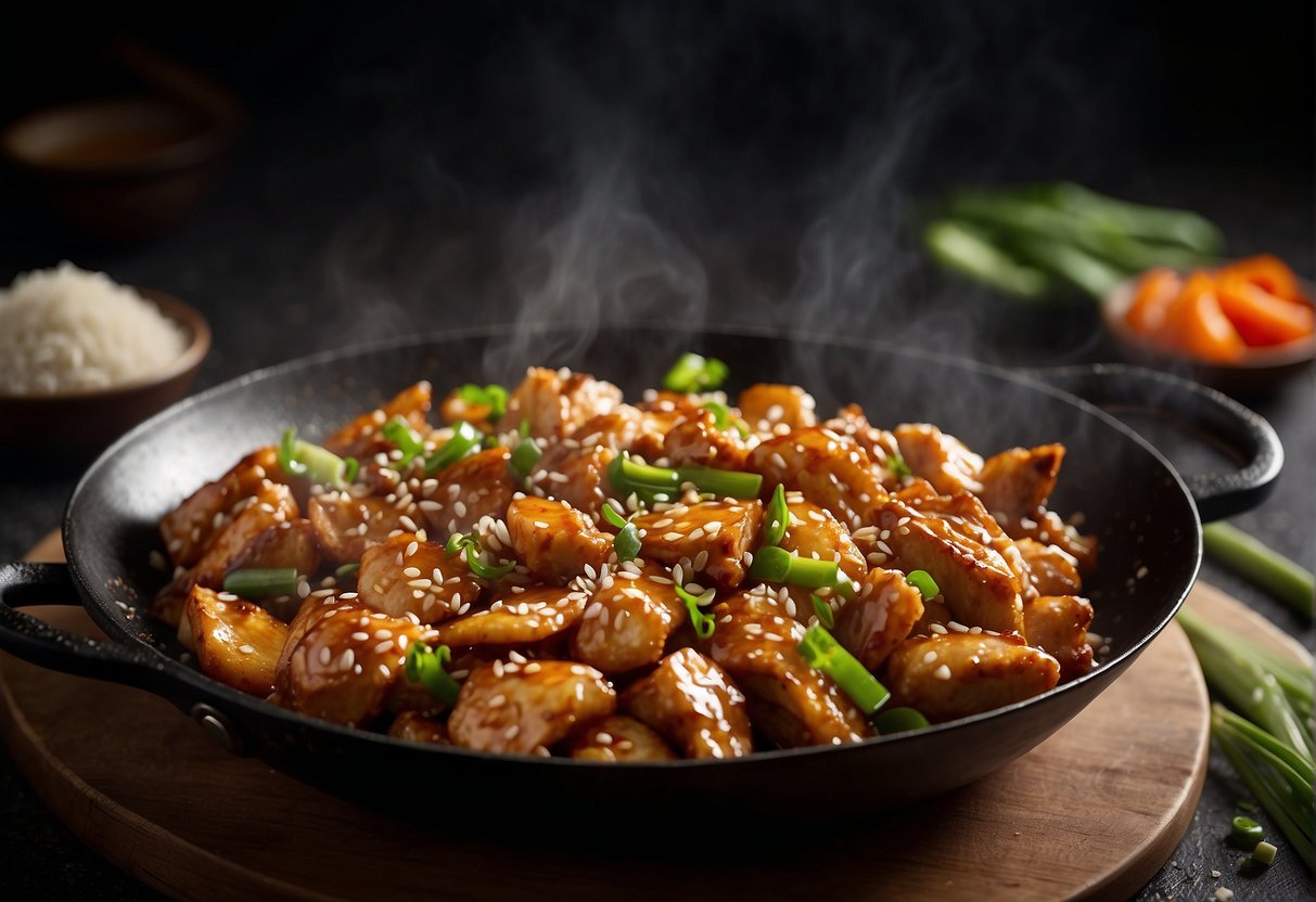 A wok sizzles with marinated chicken, soy sauce, garlic, and marmite. A chef sprinkles green onions and sesame seeds over the dish