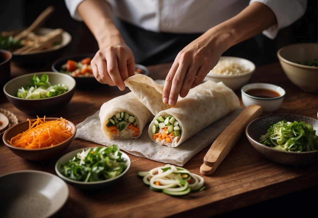 A chef prepares and rolls a traditional Chinese egg roll, surrounded by various ingredients and utensils