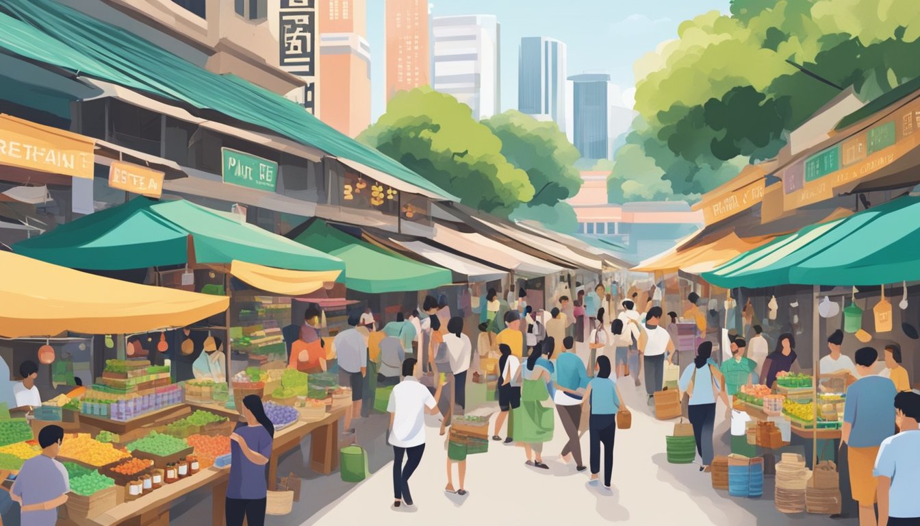 A bustling street market in Singapore, with colorful stalls selling various essential oils. A sign reads "Pure Tea Tree Oil" in bold letters