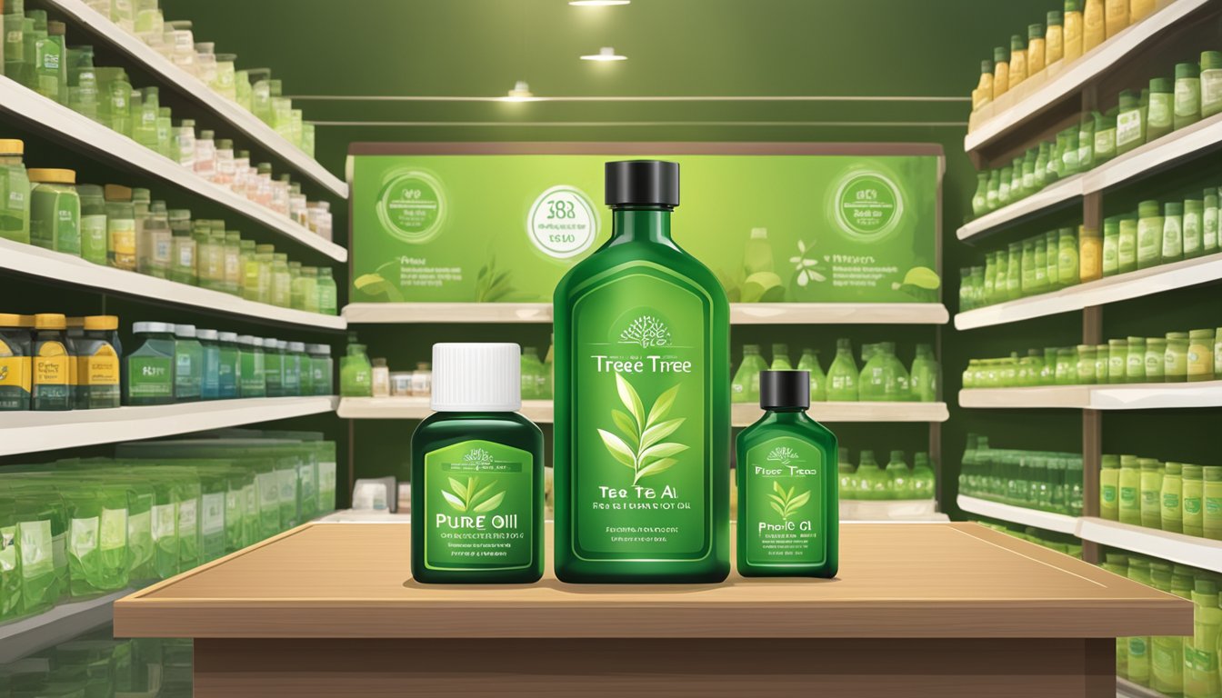 A bottle of pure tea tree oil displayed on a shelf in a Singaporean store, with a sign highlighting its benefits