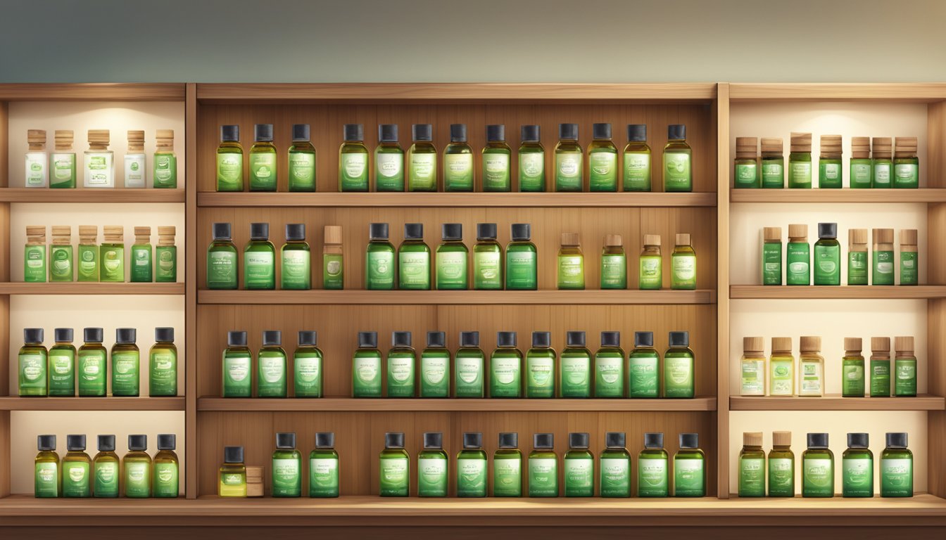 A small boutique in Singapore displays bottles of pure tea tree oil on wooden shelves, with soft lighting highlighting the natural packaging