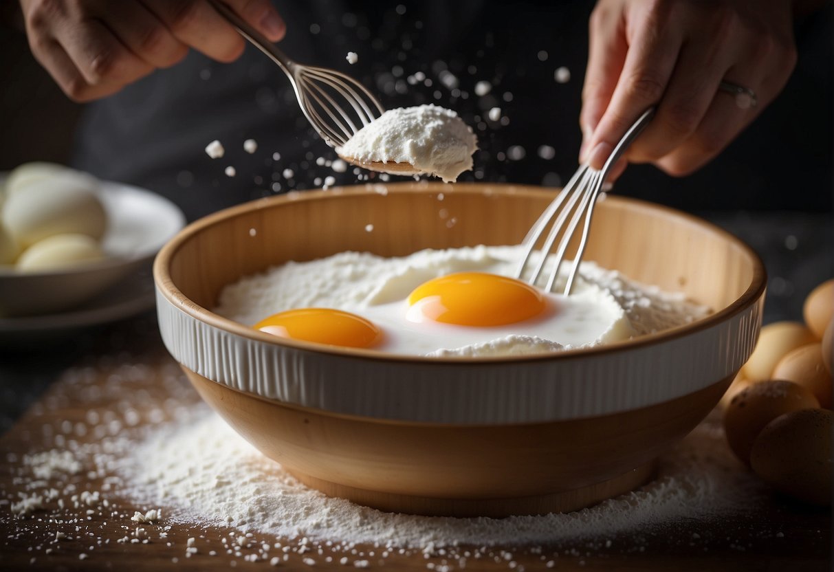 Bowl with flour, sugar, eggs, and milk. Whisk and pour batter into cake mold. Oven baking process