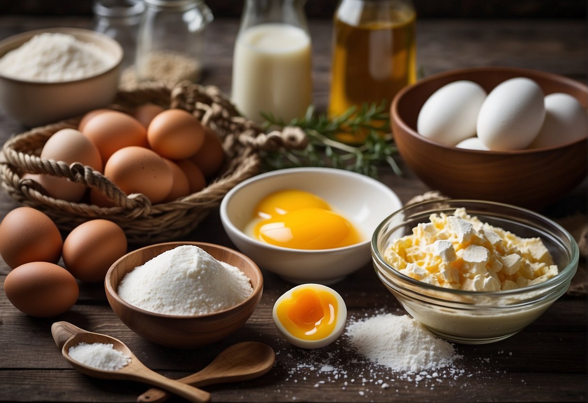 A table with a variety of ingredients: eggs, flour, sugar, milk, and vanilla extract, along with a mixing bowl, whisk, and measuring cups