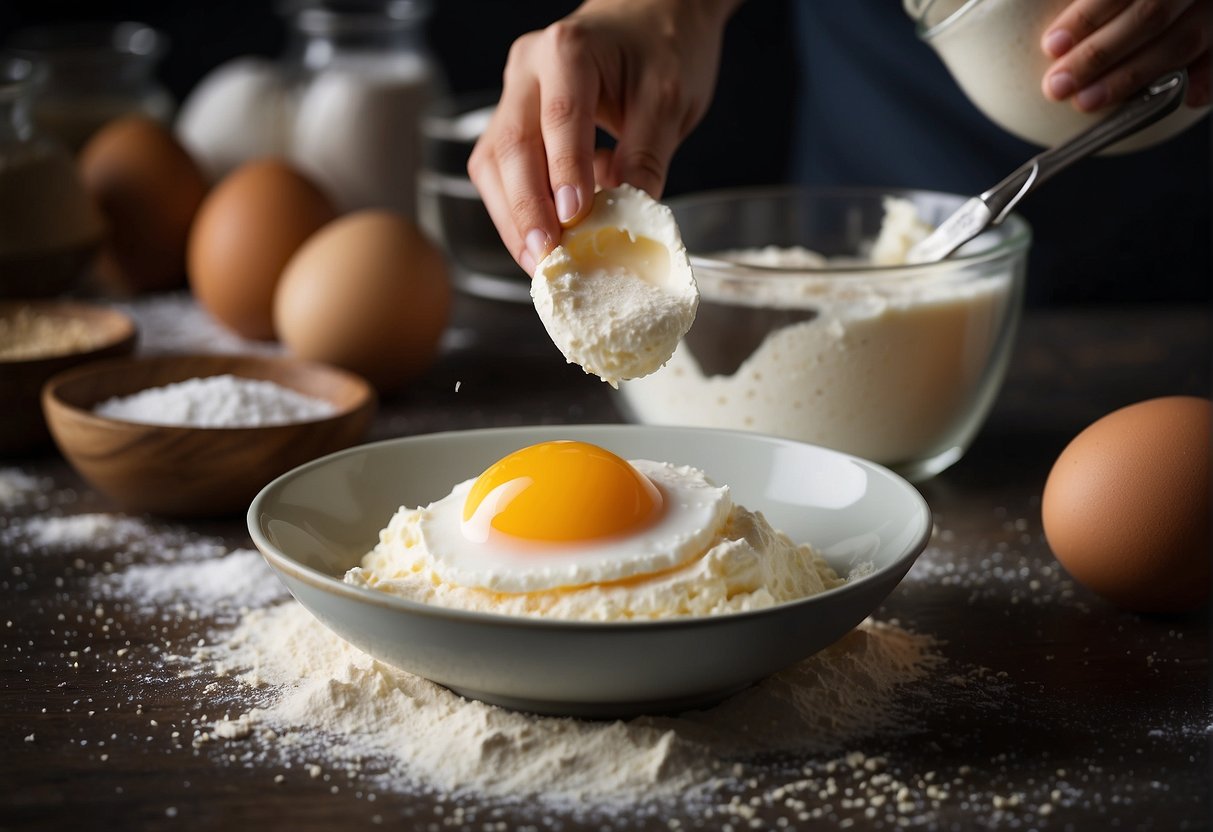 Eggs, sugar, and flour are being mixed in a large bowl. A fragrant vanilla extract is added, followed by gentle folding to create a smooth batter