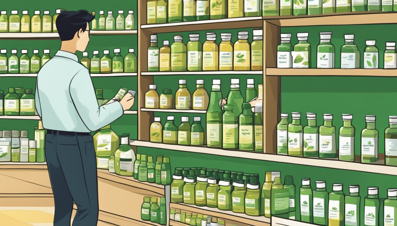 Shelves of various sized bottles labeled "Pure Tea Tree Oil" in a Singaporean store. Customers browsing and asking staff for assistance