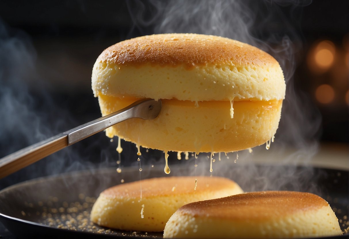 A steaming hot Chinese egg sponge cake is being carefully removed from the oven, filling the air with its sweet and fragrant aroma