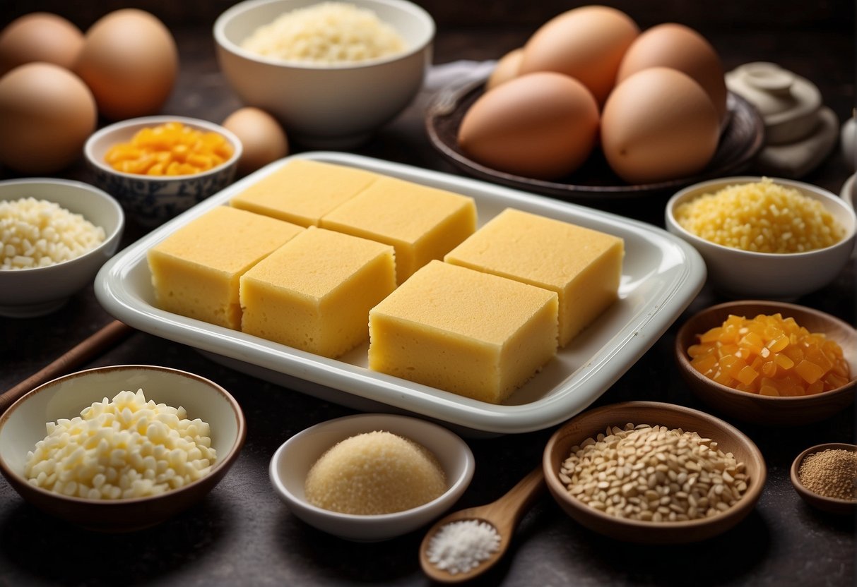 A kitchen counter with ingredients and utensils laid out for making Chinese egg sponge cake