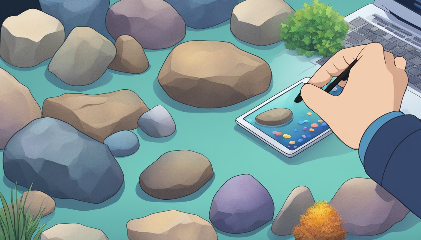 Colorful aquarium rocks are being purchased online. A computer screen displays a variety of options. A hand hovers over a mouse, ready to make a selection