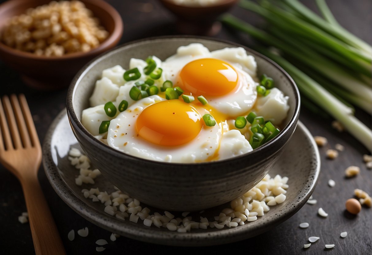 Whisked egg whites in a bowl, surrounded by ingredients like soy sauce, sesame oil, and green onions