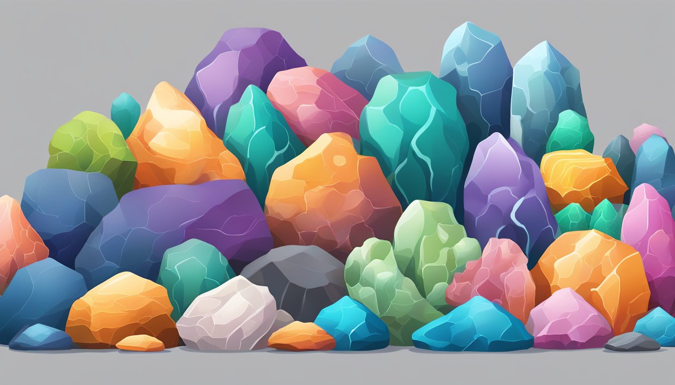 Colorful aquarium rocks are neatly arranged on a virtual storefront website, with various sizes and shapes available for purchase